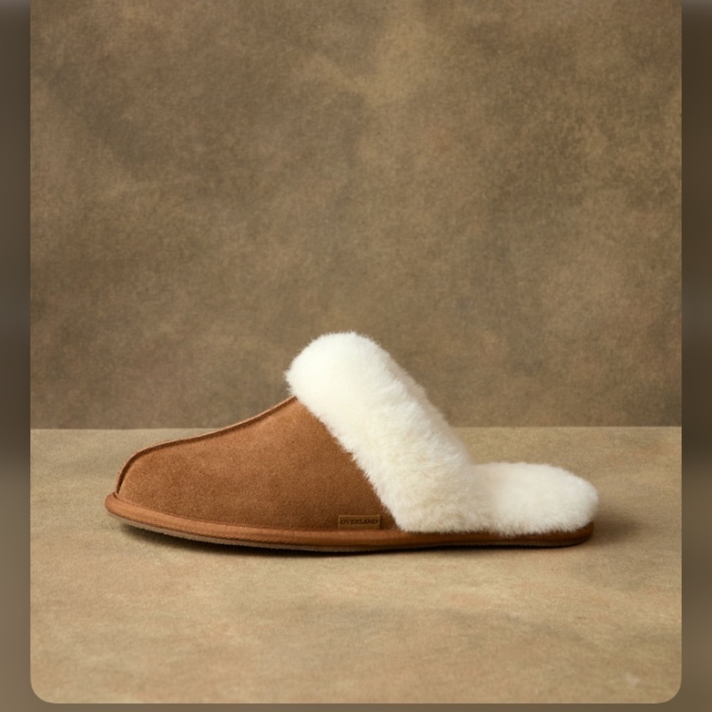 Overland Women’s Classic Chestnut Shearling-Lined Suede Scuff Slipper Clog - Picture 2 of 7